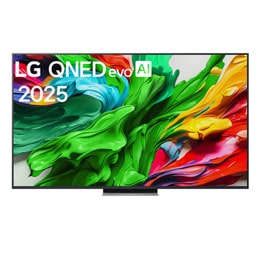 Televizoriaus „LG QNED evo QNED85 TV“ priekinis vaizdas, „LG QNED evo Al“ logotipas viršutiniame kampe. Televizoriuje „LG QNED evo QNED85 TV“ atvaizduojamos spalvingos dažus primenančios tekstūros.