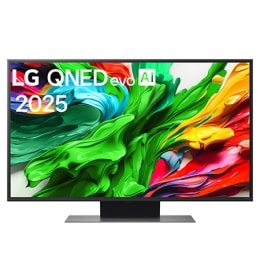 Televizoriaus „LG QNED evo QNED86TV“ priekinis vaizdas, „LG QNED evo Al“ logotipas viršutiniame kampe. Televizoriuje „LG QNED evo QNED86TV“ atvaizduojamos spalvingos dažus primenančios tekstūros.2