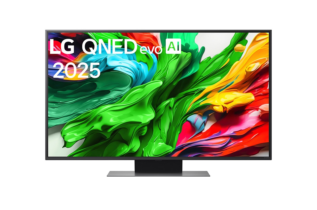 LG 50 colių LG QNED evo AI 4K išmanusis TV QNED86 2025, Televizoriaus „LG QNED evo QNED86 TV“ priekinis vaizdas, „LG QNED evo Al“ logotipas viršutiniame kampe. Televizoriuje „LG QNED evo QNED86 TV“ atvaizduojamos spalvingos dažus primenančios tekstūros., 50QNED86A3C