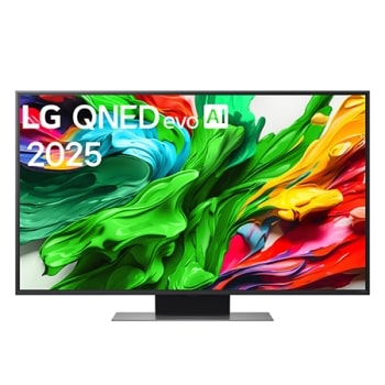 Televizoriaus „LG QNED evo QNED86TV“ priekinis vaizdas, „LG QNED evo Al“ logotipas viršutiniame kampe. Televizoriuje „LG QNED evo QNED86TV“ atvaizduojamos spalvingos dažus primenančios tekstūros.1