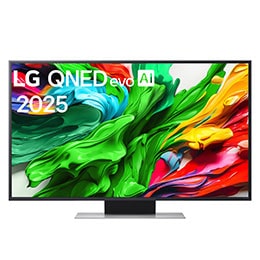 Televizoriaus „LG QNED evo QNED87 TV“ priekinis vaizdas, „LG QNED evo Al“ logotipas viršutiniame kampe. Televizoriuje „LG QNED evo QNED87TV“ atvaizduojamos spalvingos dažus primenančios tekstūros.2