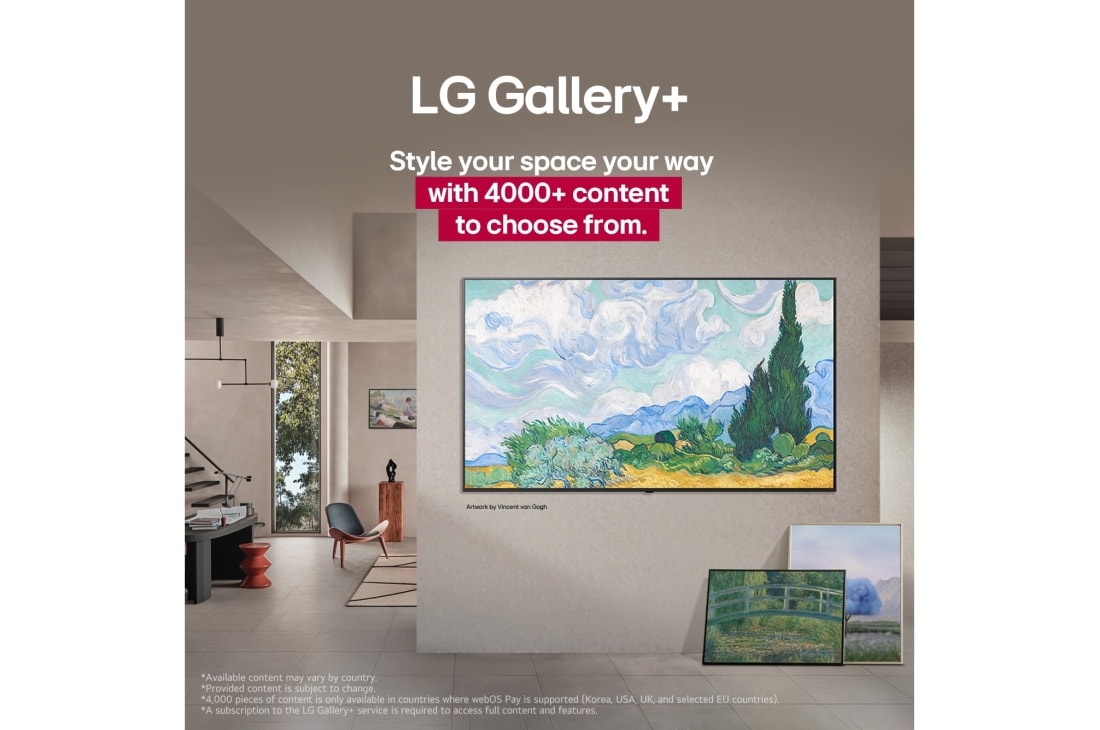 LG 50 colių LG QNED evo AI 4K išmanusis TV QNED87 2025, Išmanaus namo interjeras. Eksponuojama daug įvairių meno kūrinių. Centrinėje sienoje yra LG TV su meno kūriniais ekrane. TV atrodo kaip paveikslas iš muziejaus. , 50QNED87A3D, thumbnail 7