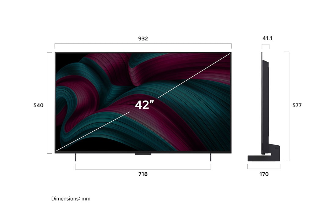 LG 42 colių LG OLED evo AI C5 4K išmanusis TV OLED42C51 2025, Išmaniojo televizoriaus „LG OLED evo AI C5 4K“ vaizdas iš priekio ir šono, nurodant jo ilgį, plotį, aukštį ir gylį., OLED42C51LA, thumbnail 4