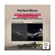 LG 42 colių LG OLED evo AI C5 4K išmanusis TV OLED42C51 2025, Svetainės erdvė su sieniniu LG OLED TV. TV ekrane – kalnų masyvas, kurio fone – tamsus vakaro dangus, pilnas žvaigždžių. Ši scena perskirta per pusę, kad būtų matyti, kaip „Perfect Black“ užtikrina ti, OLED42C51LA, thumbnail 6