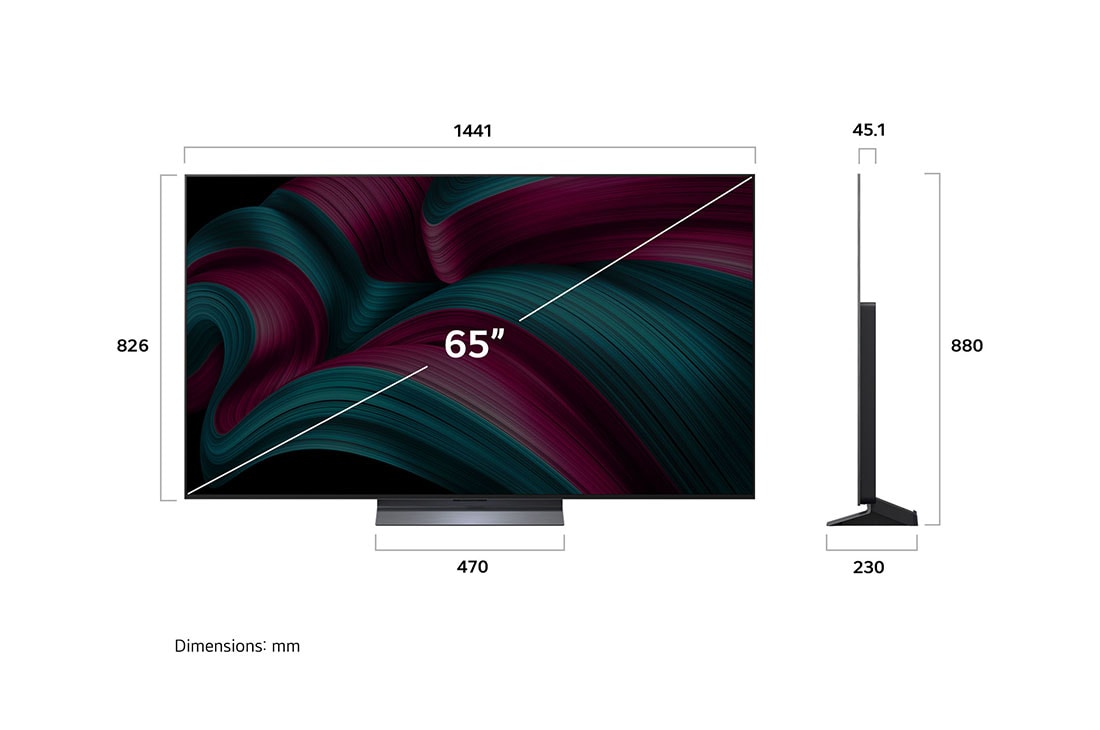 LG 65 colių LG OLED evo AI C5 4K išmanusis TV OLED65C51 2025, Išmaniojo televizoriaus „LG OLED evo AI C5 4K“ vaizdas iš priekio ir šono, nurodant jo ilgį, plotį, aukštį ir gylį., OLED65C51LA, thumbnail 4