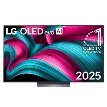 Išmaniojo televizoriaus „LG OLED evo AI C5 4K“ vaizdas iš priekio. Ant ekrano yra emblema „12 Years of world number 1 OLED“ ir LG OLED evo AI 2025 logotipas.