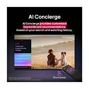 LG 77 colių LG OLED evo AI C5 4K išmanusis TV OLED77C52 2025, LG AI Magic Remote prieš LG TV ekraną. Ekrane rodomas asmeninis LG AI sveikinimas su pasirinktiniais reikšminiais žodžiais, pagrįstais naudotojo paieškos ir žiūrėjimo istorija. Prie nuotolinio valdymo, OLED77C52LA, thumbnail 13