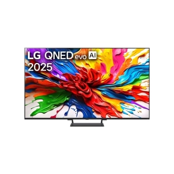 „LG QNED evo QNED92 TV“ vaizdas iš priekio, „LG QNED evo Al“ logotipas viršutiniame kampe. LG QNED evo QNED92 TV atvaizduojamos spalvingos dažus primenančios tekstūros.1