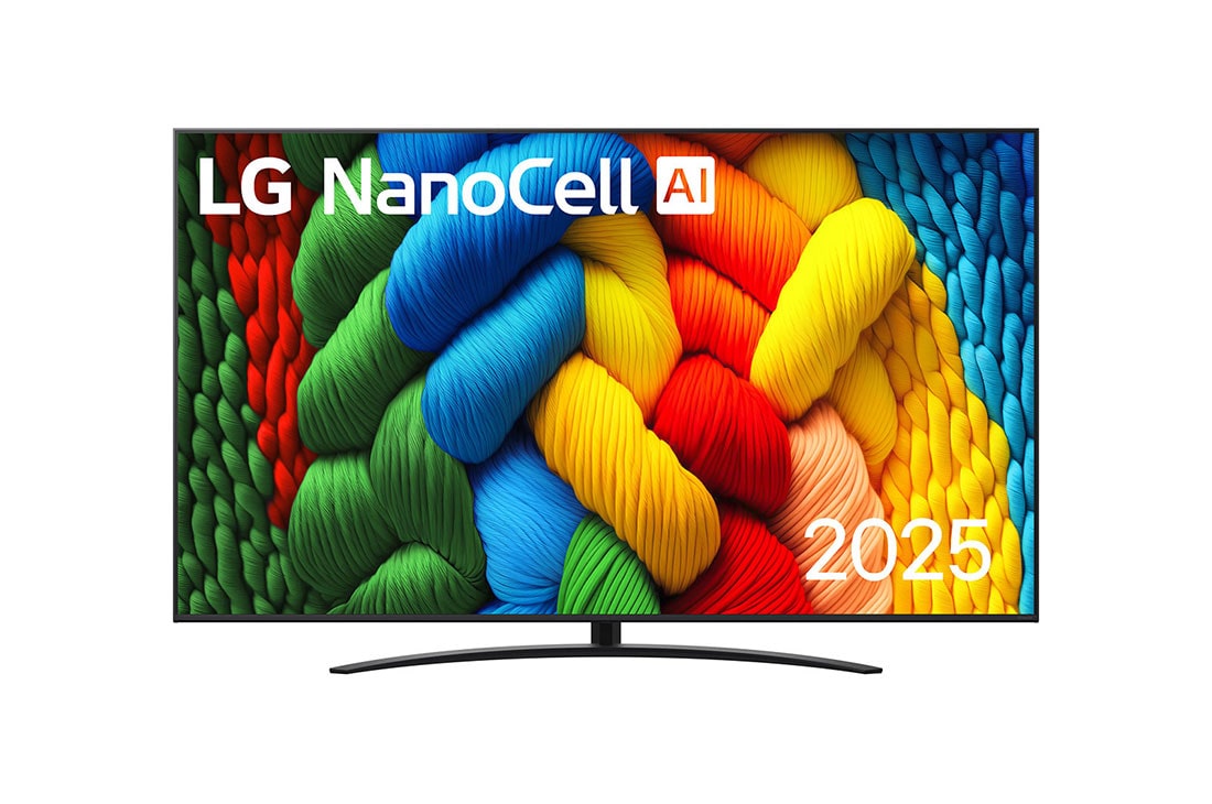 LG 86 colių LG NanoCell AI 4K išmanusis TV NANO81 2025, NanoCell TV vaizdas iš priekio, LG NanoCell Al logotipas viršutiniame kampe. Televizoriuje LG NanoCell NANO80 TV atvaizduojamos spalvingos dažus primenančios tekstūros., 86NANO81A3A