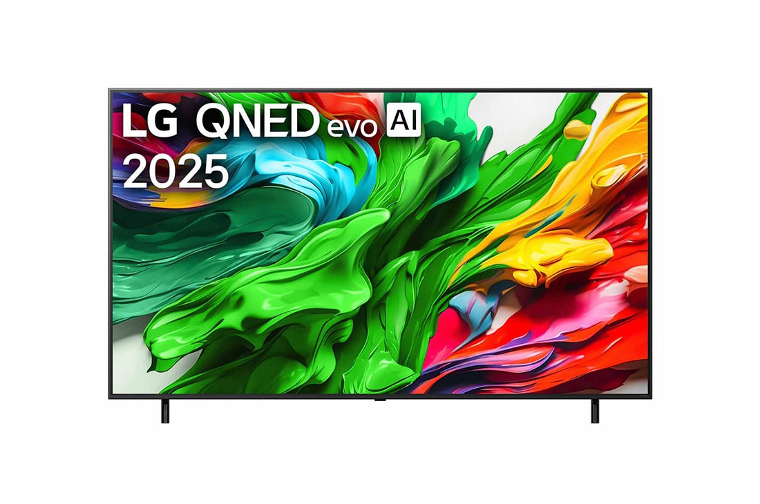 LG 86 colių LG QNED evo AI MiniLED 4K išmanusis TV QNED85 2025, Televizoriaus „LG QNED evo QNED85 TV“ priekinis vaizdas, „LG QNED evo Al“ logotipas viršutiniame kampe. Televizoriuje „LG QNED evo QNED85 TV“ atvaizduojamos spalvingos dažus primenančios tekstūros., 86QNED85A3C