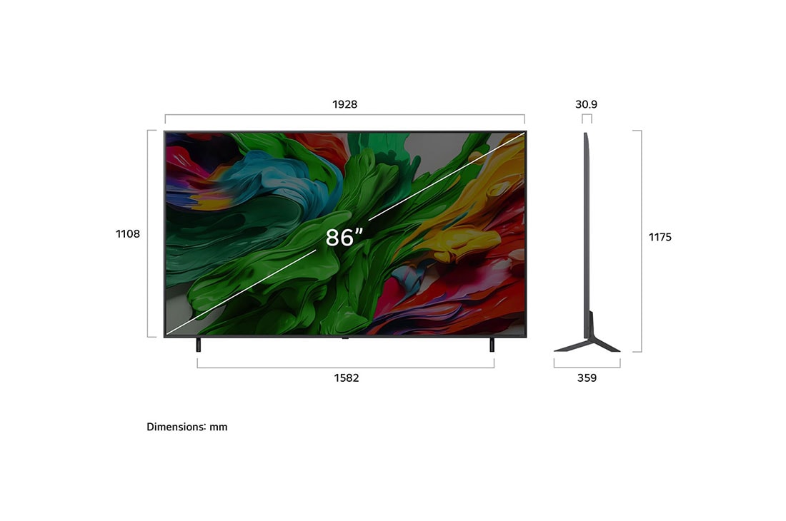LG 86 colių LG QNED evo AI MiniLED 4K išmanusis TV QNED85 2025, Televizoriaus „LG QNED evo QNED85 TV“ priekinis vaizdas ir vaizdas iš šono, nurodant jo ilgį, plotį, aukštį ir gylį., 86QNED85A3C, thumbnail 5
