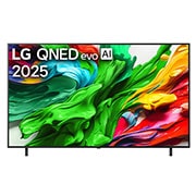 LG 86 colių LG QNED evo AI MiniLED 4K išmanusis TV QNED85 2025, Televizoriaus „LG QNED evo QNED85 TV“ priekinis vaizdas, „LG QNED evo Al“ logotipas viršutiniame kampe. Televizoriuje „LG QNED evo QNED85 TV“ atvaizduojamos spalvingos dažus primenančios tekstūros., 86QNED85A3C, thumbnail 1