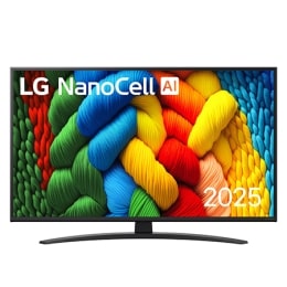 NanoCell TV vaizdas iš priekio, LG NanoCell Al logotipas viršutiniame kampe. Televizoriuje LG NanoCell NANO80 TV atvaizduojamos spalvingos dažus primenančios tekstūros.2