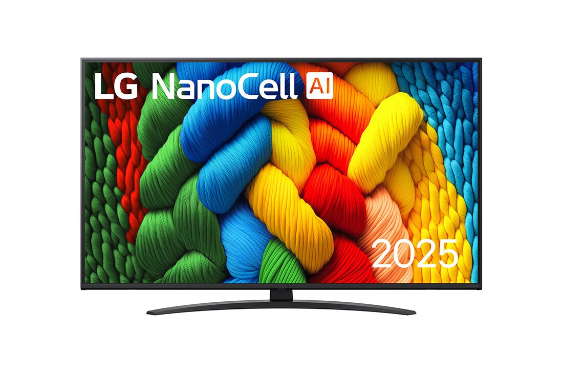 LG 50 colių LG NanoCell AI 4K išmanusis TV NANO81 2025, NanoCell TV vaizdas iš priekio, LG NanoCell Al logotipas viršutiniame kampe. Televizoriuje LG NanoCell NANO80 TV atvaizduojamos spalvingos dažus primenančios tekstūros., 50NANO81A3A