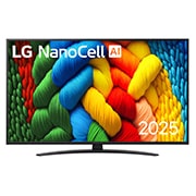 LG 50 colių LG NanoCell AI 4K išmanusis TV NANO81 2025, NanoCell TV vaizdas iš priekio, LG NanoCell Al logotipas viršutiniame kampe. Televizoriuje LG NanoCell NANO80 TV atvaizduojamos spalvingos dažus primenančios tekstūros., 50NANO81A3A, thumbnail 1