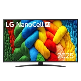 NanoCell TV vaizdas iš priekio, LG NanoCell Al logotipas viršutiniame kampe. Televizoriuje LG NanoCell NANO80 TV atvaizduojamos spalvingos dažus primenančios tekstūros.2
