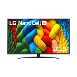 NanoCell TV vaizdas iš priekio, LG NanoCell Al logotipas viršutiniame kampe. Televizoriuje LG NanoCell NANO80 TV atvaizduojamos spalvingos dažus primenančios tekstūros.