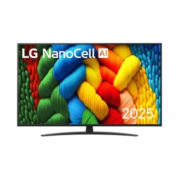 NanoCell TV vaizdas iš priekio, LG NanoCell Al logotipas viršutiniame kampe. Televizoriuje LG NanoCell NANO80 TV atvaizduojamos spalvingos dažus primenančios tekstūros.