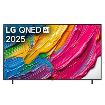 LG QNED80 TV televizoriaus priekinis vaizdas, LG QNED Al logotipas viršutiniame kampe. Televizoriuje LG QNED TV atvaizduojamos spalvingos dažus primenančios tekstūros.1