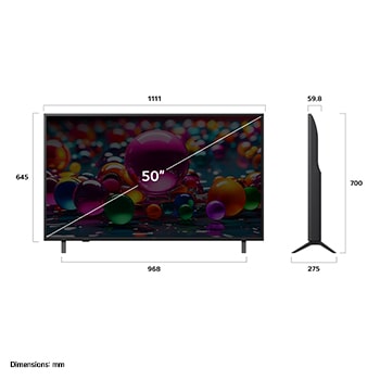 LG 50 colių LG UHD AI 4K išmanusis TV UA75 2025, Išmaniojo LG UHD AI UA75 4K išmaniojo TV vaizdas iš priekio ir šono, nurodant jo ilgį, plotį, aukštį ir gylį., 50UA75003LA, thumbnail 4