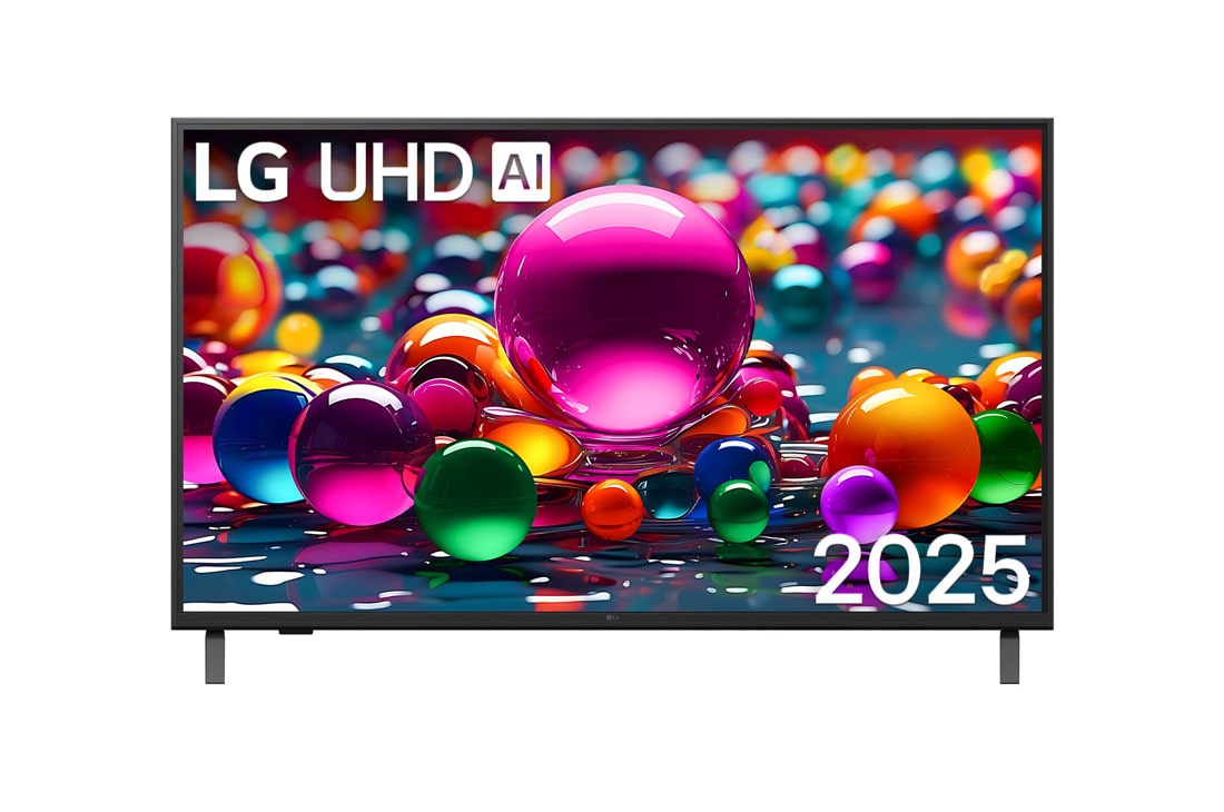 LG 43 colių LG UHD AI 4K išmanusis TV UA75 2025, LG UHD UA75 TV vaizdas iš priekio, LG UHD Al logotipas viršutiniame kampe. LG UHD TV atvaizduojamos spalvingos dažus primenančios tekstūros., 43UA75003LA