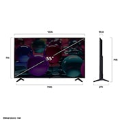 LG 55 colių LG UHD AI 4K išmanusis TV UA73 2025, Išmaniojo LG UHD AI UA73 4K Smart TV vaizdas iš priekio ir šono, nurodant jo ilgį, plotį, aukštį ir gylį., 55UA73003LA, thumbnail 4
