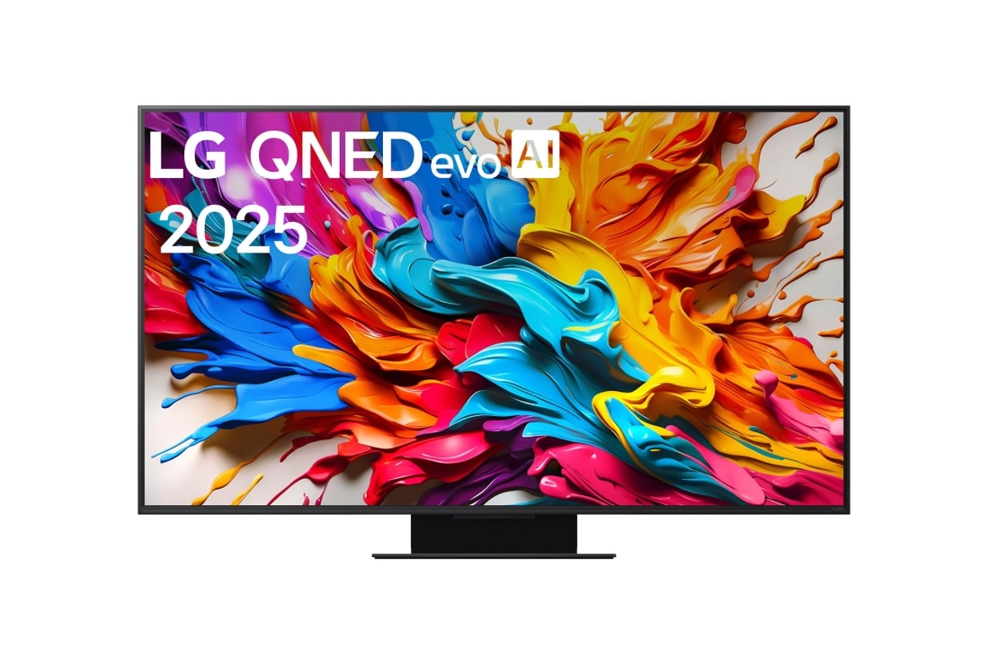 LG Belaidis 65 colių LG QNED evo AI QNED9M MiniLED su 4K vaizdo ir garso perdavimu, „LG QNED evo AI QNED9M TV“ vaizdas iš priekio. „LG QNED evo AI“ logotipas priešingam kampe. Televizoriuje „LG QNED evo TV“ atvaizduojamos spalvingos dažus primenančios tekstūros. „Zero Connect Box“ ka, 65QNED9MA3B