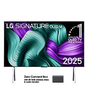 LG 97 colių įstrižainės televizorius LG SIGNATURE OLED M5 su 4K vaizdo ir garso perdavimu „True Wireless“ ryšiu, LG OLED M5 SIGNATURE TV vaizdas iš priekio. Ant ekrano yra emblema „12 Years of world number 1 OLED“ ir „LG Signature OLED M“ logotipas. „Zero Connect Box“ kampe su užrašu „Zero Connect Box with 4K 14, OLED97M59LA, thumbnail 1