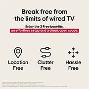 LG 97 colių įstrižainės televizorius LG SIGNATURE OLED M5 su 4K vaizdo ir garso perdavimu „True Wireless“ ryšiu, Trys piktogramos, simbolizuojančios 3 nemokamus „LG True Wireless TV“ privalumus. Nesvarbu kur, jokios netvarkos, jokių rūpesčių. Tekste rašoma apie tai, kaip išsivaduoti iš laidinio televizoriaus apr, OLED97M59LA, thumbnail 6