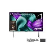 LG 97&nbsp;colių įstrižainės televizorius LG SIGNATURE OLED M5 su 4K vaizdo ir garso perdavimu „True Wireless“ ryšiu, LG OLED M5 SIGNATURE TV vaizdas iš priekio. Ant ekrano yra emblema „12 Years of world number 1 OLED“ ir „LG Signature OLED M“ logotipas. „Zero Connect Box“ kampe su užrašu „Zero Connect Box with 4K 14, OLED97M59LA, thumbnail 1