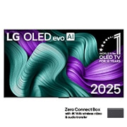 LG 83 colių LG OLED evo AI M5 4K išmanusis TV OLED83M5 su 144Hz bevieliu vaizdo ir garso perdavimu, LG OLED M5 SIGNATURE TV vaizdas iš priekio. Ant ekrano yra emblema „12 Years of world number 1 OLED“ ir „LG Signature OLED M“ logotipas. „Zero Connect Box“ kampe su užrašu „Zero Connect Box with 4K 14, OLED83M59LA, thumbnail 1