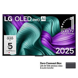 LG OLED M5 SIGNATURE TV vaizdas iš priekio. Ant ekrano yra emblema „12 Years of world number 1 OLED“ ir „LG Signature OLED M“ logotipas. „Zero Connect Box“ kampe su užrašu „Zero Connect Box with 4K 142