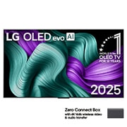 LG 77 colių LG OLED evo AI M5 4K išmanusis TV OLED77M5 su 144Hz bevieliu vaizdo ir garso perdavimu, LG OLED M5 SIGNATURE TV vaizdas iš priekio. Ant ekrano yra emblema „12 Years of world number 1 OLED“ ir „LG Signature OLED M“ logotipas. „Zero Connect Box“ kampe su užrašu „Zero Connect Box with 4K 14, OLED77M59LA, thumbnail 1