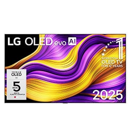 Išmaniojo TV LG OLED evo AI G5 4K vaizdas iš priekio. Ant ekrano yra emblema „12 Years of world number 1 OLED“ ir LG OLED evo AI 2025 logotipas.2