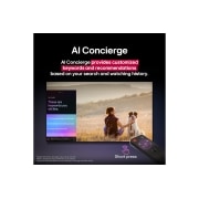 LG 50 colių LG QNED AI 4K išmanusis TV QNED70 2025, LG AI Magic Remote prieš LG TV ekraną. Ekrane rodomas asmeninis LG AI sveikinimas su pasirinktiniais reikšminiais žodžiais, pagrįstais naudotojo paieškos ir žiūrėjimo istorija. Prie nuotolinio valdymo, 50QNED70A6A, thumbnail 12