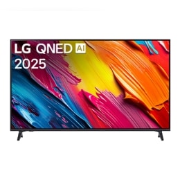 LG QNED70 TV vaizdas iš priekio, LG QNED Al logotipas viršutiniame kampe. LG QNED TV atvaizduojamos spalvingos dažus primenančios tekstūros.2