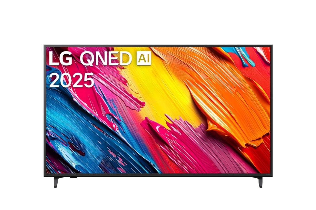 LG 55 colių LG QNED AI 4K išmanusis TV QNED7E 2025, LG QNED70 TV vaizdas iš priekio, LG QNED Al logotipas viršutiniame kampe. LG QNED TV atvaizduojamos spalvingos dažus primenančios tekstūros., 55QNED7EA6B