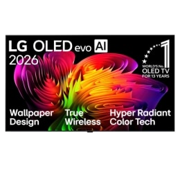 LG OLED evo AI W6 Wallpaper TV, išleisto 2026&nbsp;m., vaizdas iš priekio – matomas švarus „Wallpaper“ dizainas, o per ekraną sklandžiai teka dinamiška abstrakti bangų formos ryškių spalvų gradientų kompoz2