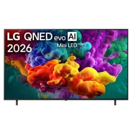 2026&nbsp;m. išleisto „LG QNED evo AI QNED85 Mini LED“ vaizdas iš priekio: ekranas užpildytas ryškiais, daugiasp­alviais, tapybinio stiliaus sklandžiais judesiais ir susiliejančiais tankiais, sluoksniuotai2