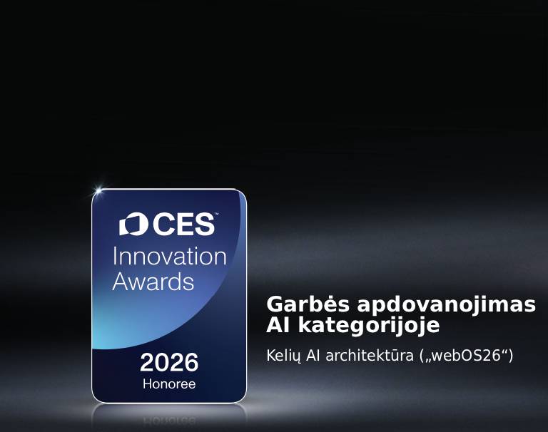 Tamsiame fone rodomas „CES Innovation Awards 2026“ laureato ženklelis. „Multi-AI Architecture“ pripažinta dirbtinio intelekto kategorijoje.	