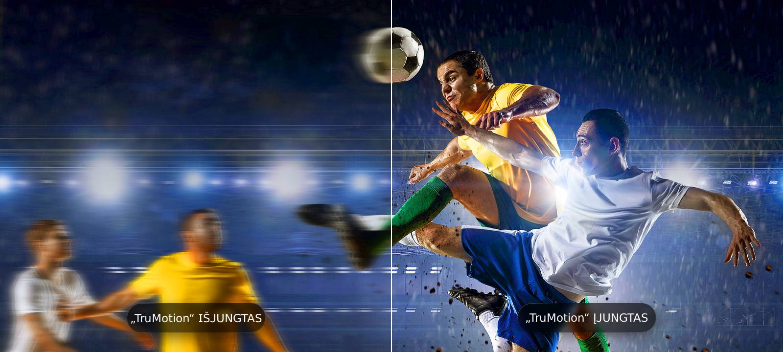 „LG QNED evo AI Mini LED QNED90“ su „TruMotion“ funkcija paryškina judesius padalinto ekrano futbolo scenoje, kontrastuodamas susiliejusį vaizdą, kai „TruMotion“ išjungtas, su aiškiu, ryškiu judėjimu, kai „TruMotion“ įjungtas.	