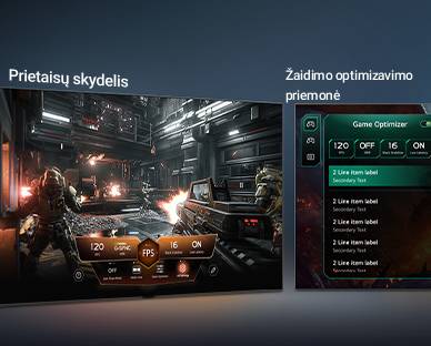 „LG QNED evo AI Mini LED QNED90“ su „Game Dashboard“ ir „Game Optimizer“ rodo du žaidimų langus vieną šalia kito ir nustatymų, tokių kaip atnaujinimo dažnis, delsa ir vaizdo režimai, meniu.	