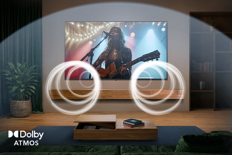„LG QNED evo AI Mini LED QNED90“ su „Dolby Atmos“ gyvenamajame kambaryje rodo gyvą muzikos atlikimą, o vizualizuotos garso bangos, supančios erdvę, rodo įtraukiantį, daugiakryptį ir objektais pagrįstą garsą.