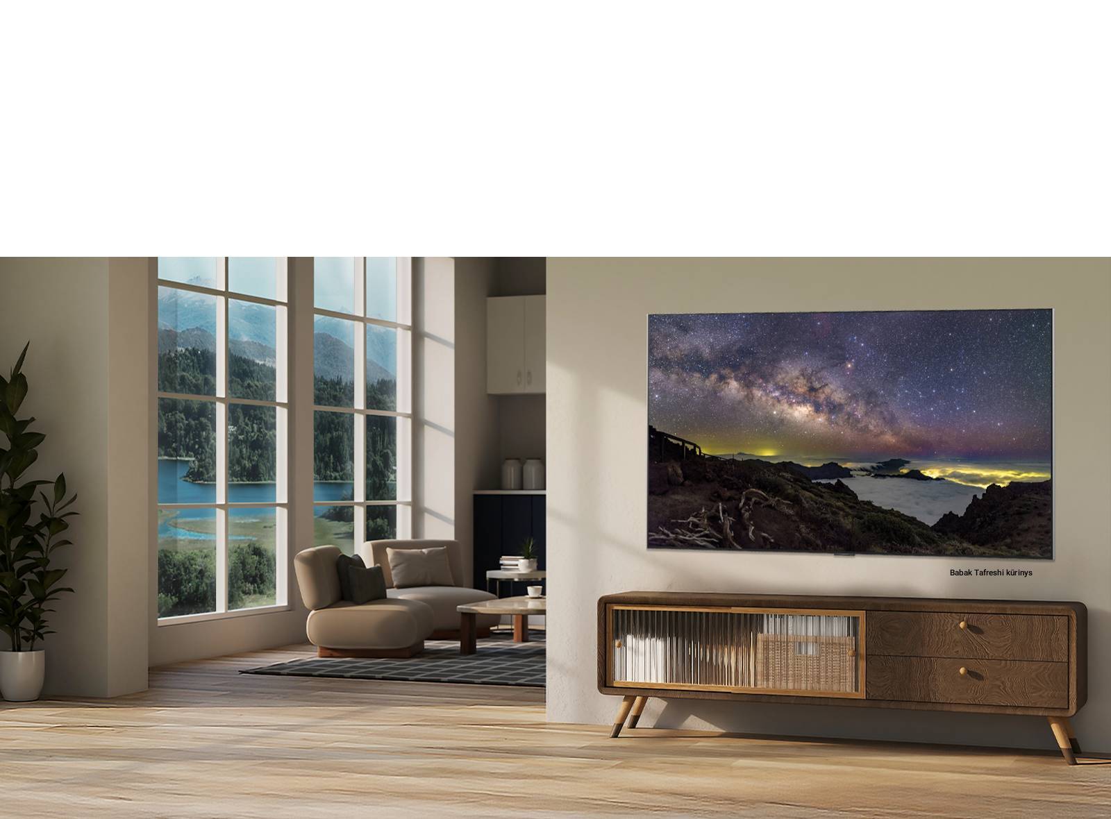 „LG QNED evo AI Mini LED QNED90“ su „LG Gallery+“, kuri siūlo įvairų meno turinį, rodo Babako Tafreshio nakties dangaus peizažą modernioje gyvenamojoje erdvėje.	
