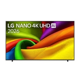 2026&nbsp;m. LG NANO 4K UHD AI NU85 vaizdas iš priekio: ekraną užpildo sklandūs, tekantys ryškiaspalvių, audinio faktūrą primenančių tekstūrų sluoksniai, o išlenktos daugiaspalvės klostės driekiasi per vis2