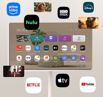 „LG StanbyME 2 Max LX6“ judantis ekranas su įvairiomis OTT paslaugomis rodo srautinio perdavimo programų, tokių kaip „Netflix“ ir „YouTube“, sąsajas ekrane ir aplink jį, suteikdamas prieigą prie įvairaus turinio, įskaitant dramas, filmus ir muziką.