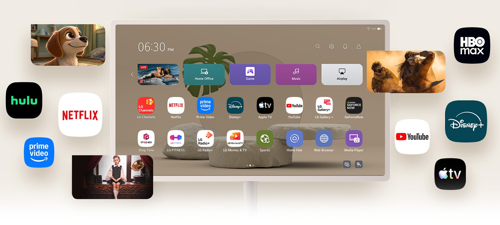 „LG StanbyME 2 Max LX6“ judantis ekranas su įvairiomis OTT paslaugomis rodo srautinio perdavimo programų, tokių kaip „Netflix“ ir „YouTube“, sąsajas ekrane ir aplink jį, suteikdamas prieigą prie įvairaus turinio, įskaitant dramas, filmus ir muziką.
