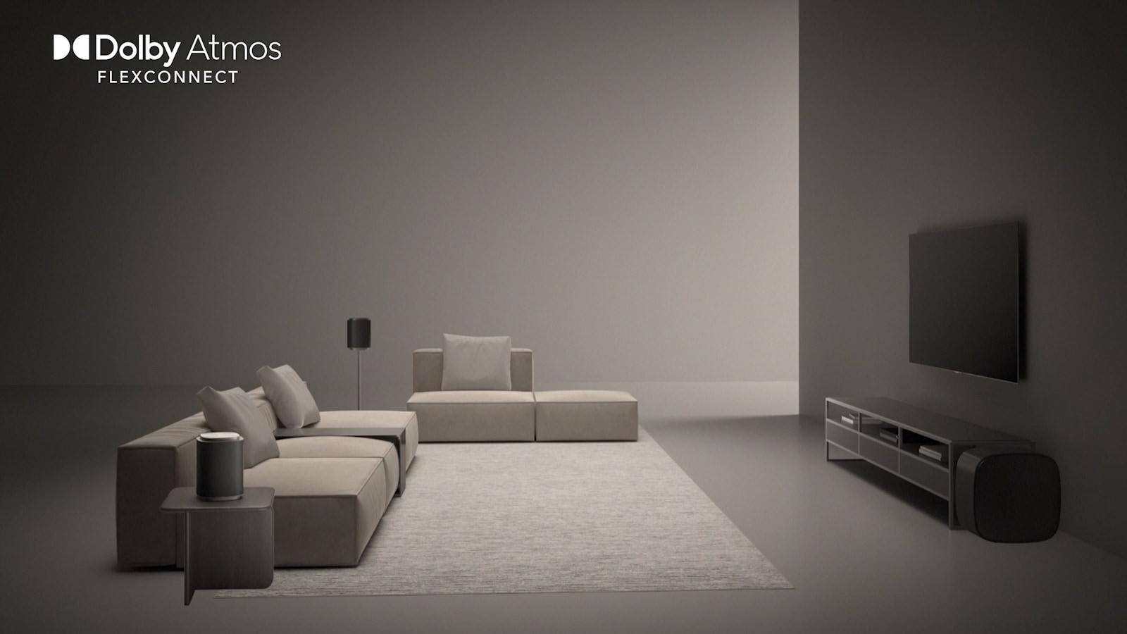 „LG OLED evo AI G6“ su „Sound Suite“ ir DAFC („Dolby Atmos FlexConnect“) rodo erdvų kambarį, kuriame televizorius ir belaidžiai garsiakalbiai išdėstyti bet kaip; perteikiamas įtraukiantis „Dolby Atmos“ garsas, optimizuotas garsiakalbių išdėstymui.