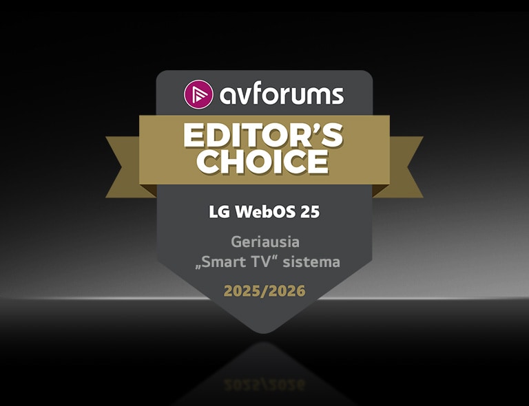 Tamsiame fone rodomas „AVForums“ ženklelis, skirtas „LG webOS 25“ – geriausiai 2025/2026&nbsp;m. išmaniajai TV sistemai.