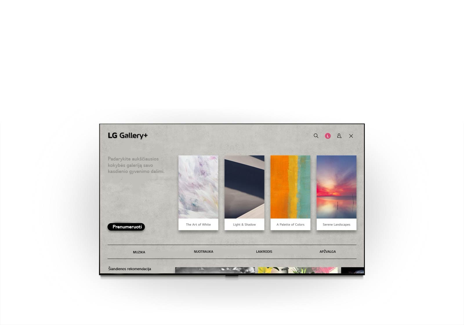 „LG OLED evo AI G6“ rodo „LG Gallery+“ pilką sąsają su muzikos ir temos pasirinkimo meniu, o tada pereina nuo pageidavimų pasirinkimo prie „Mano albumo“ kūrimo ir kuruotų meno kūrinių rodymo. 